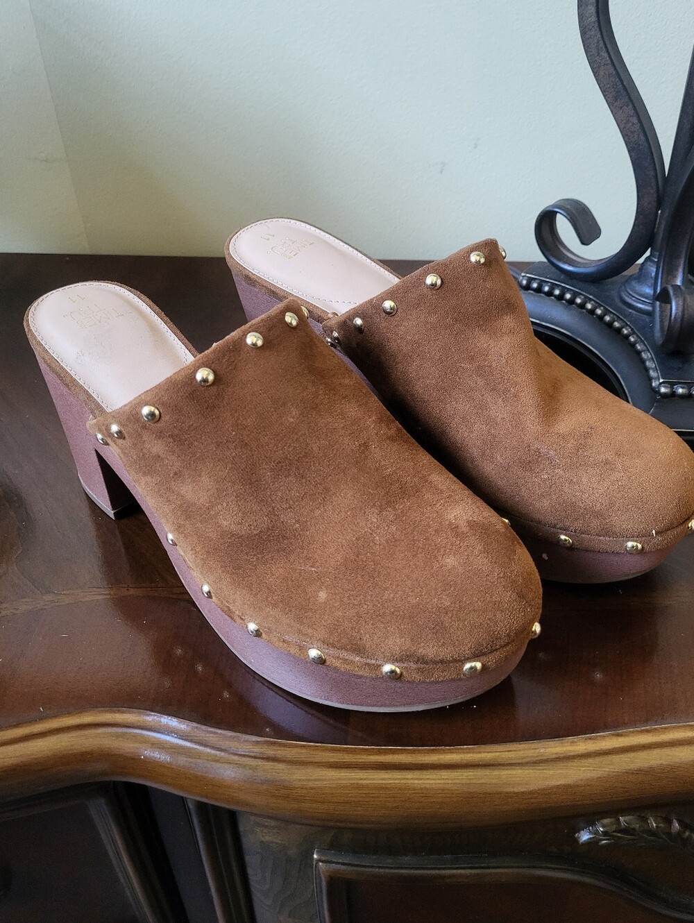 Brown Suede Studded Platform Clogs